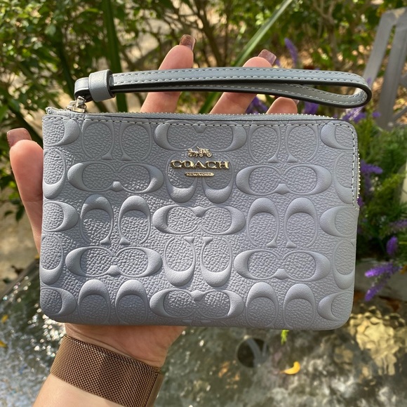Coach Light Blue Embossed Logo Zippered Wristlet - Picture 16 of 16